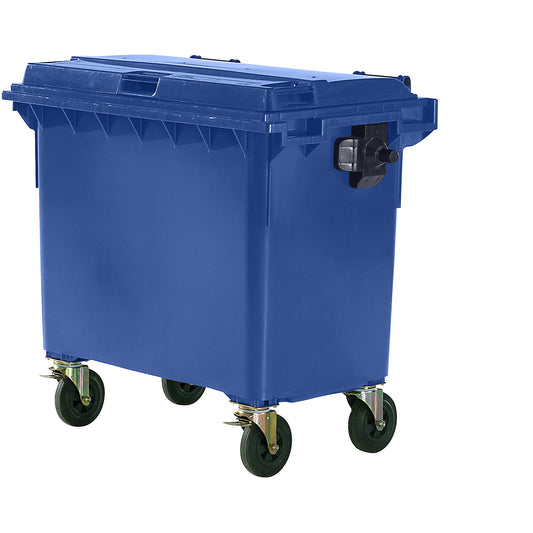 Plastic waste container, DIN EN 840, capacity 660 l, WxHxD 1360 x 1235 x 765 mm, blue.