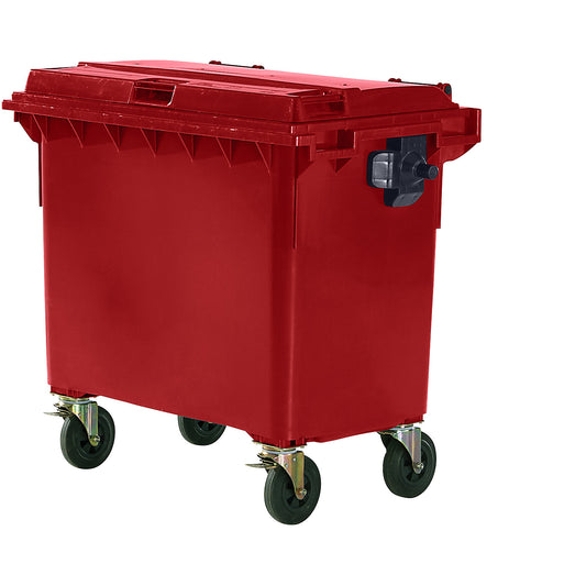 Plastic waste container, DIN EN 840, capacity 660 l, WxHxD 1360 x 1235 x 765 mm, red.