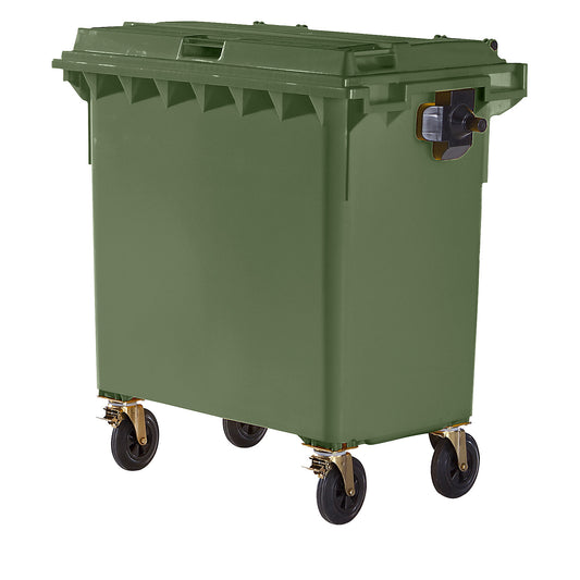 Plastic waste container, DIN EN 840, capacity 770 l, WxHxD 1360 x 1330 x 770 mm, green.