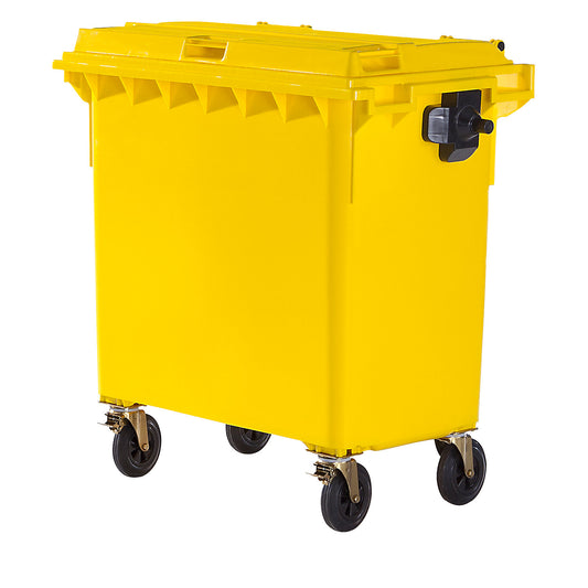 Plastic waste container, DIN EN 840, capacity 770 l, WxHxD 1360 x 1330 x 770 mm, yellow.