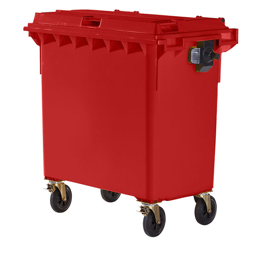 Plastic waste container, DIN EN 840, capacity 770 l, WxHxD 1360 x 1330 x 770 mm, red.
