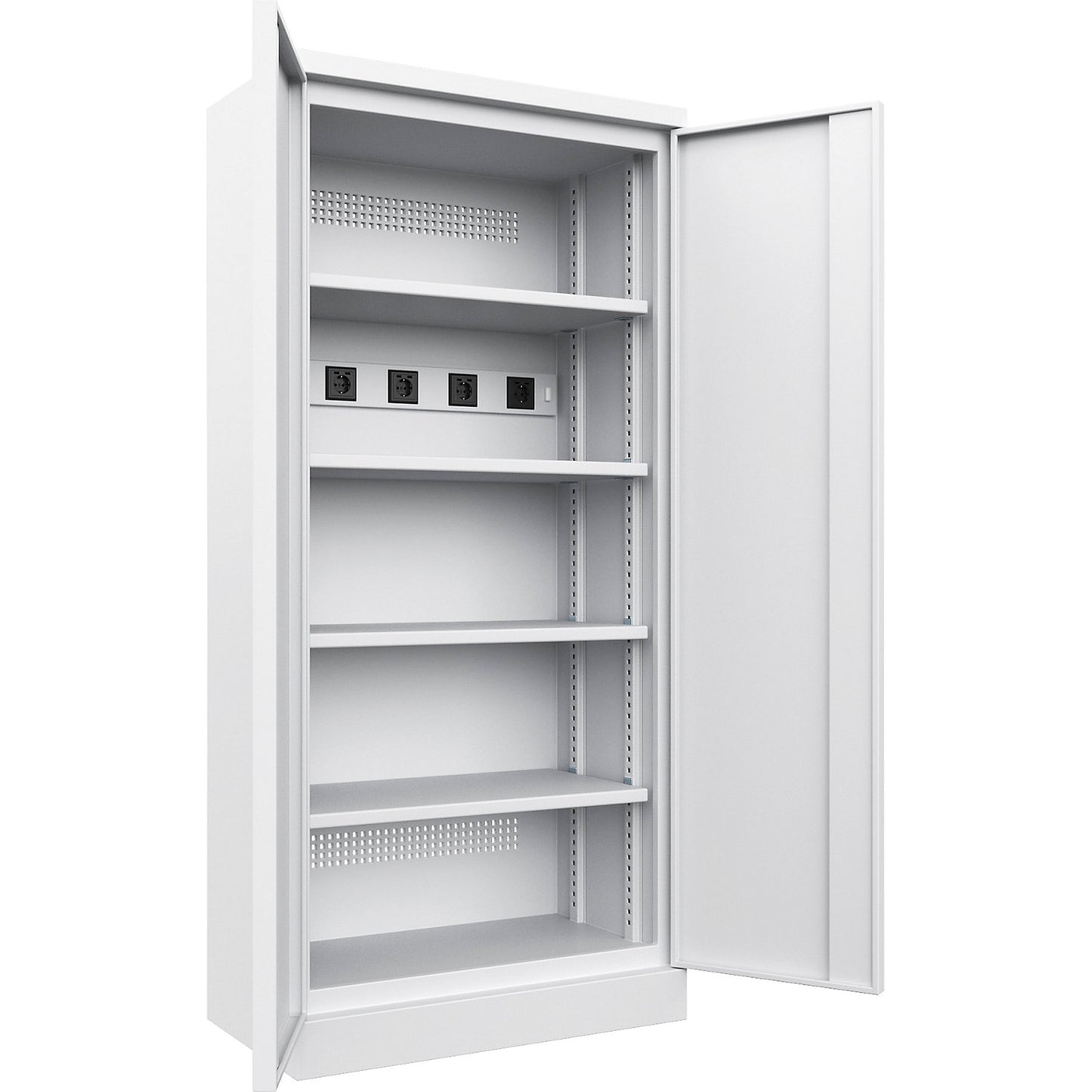 Battery charging cabinet, with solid panel doors, light grey.