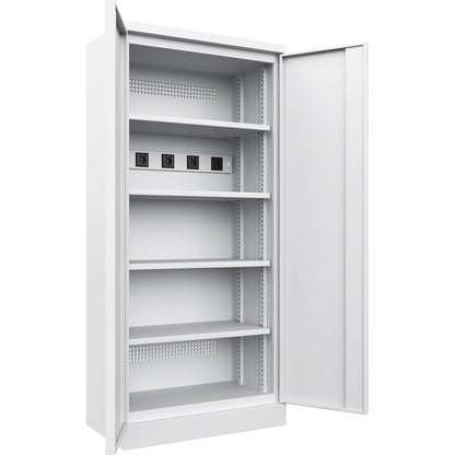 Battery charging cabinet, with solid panel doors, light grey.