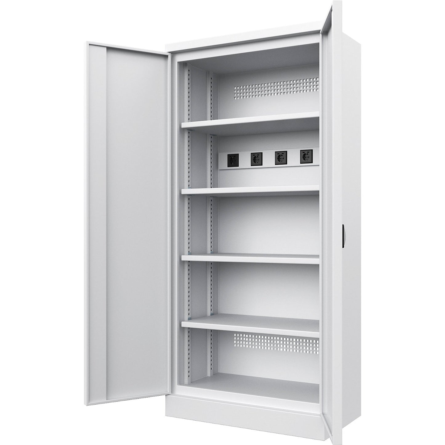 Battery charging cabinet, with solid panel doors, light grey.