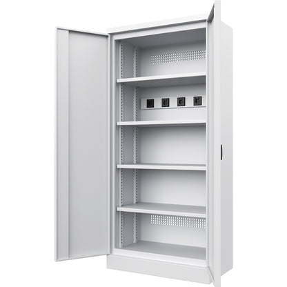 Battery charging cabinet, with solid panel doors, light grey.
