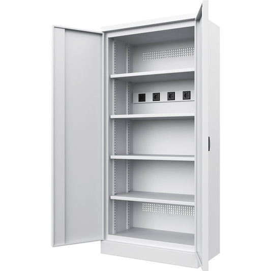 Battery charging cabinet, with solid panel doors, light grey.