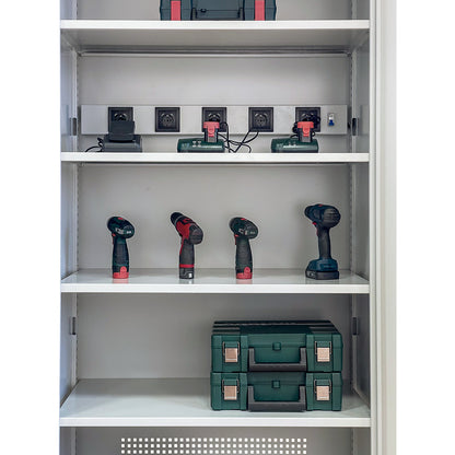Battery charging cabinet, with vision panel doors, light grey.