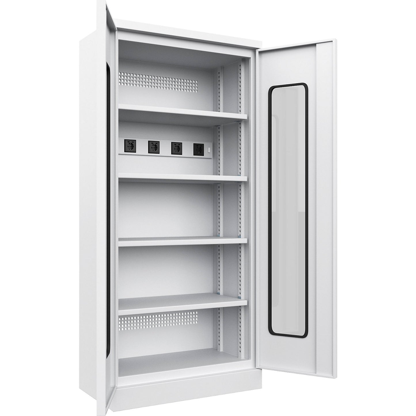 Battery charging cabinet, with vision panel doors, light grey.