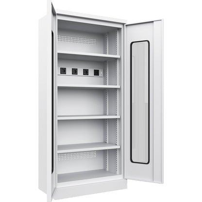 Battery charging cabinet, with vision panel doors, light grey.