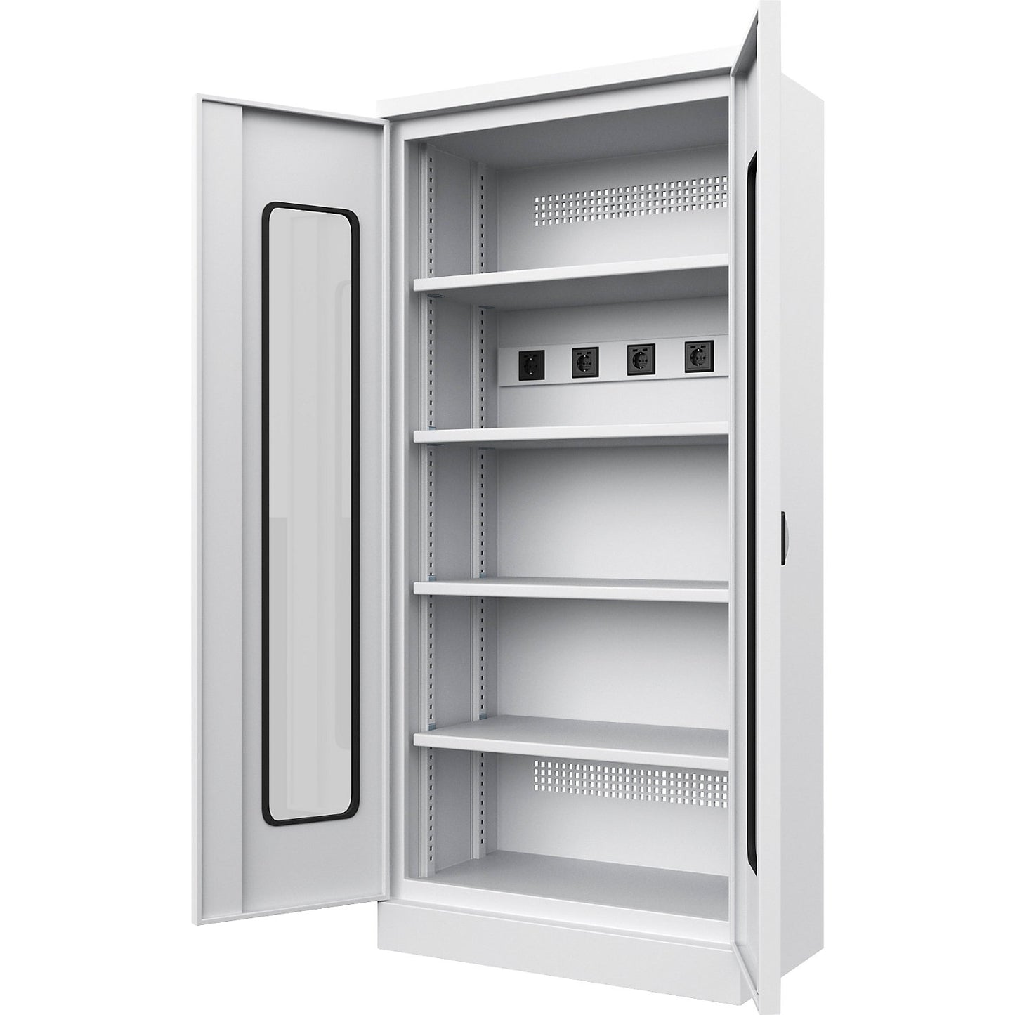 Battery charging cabinet, with vision panel doors, light grey.
