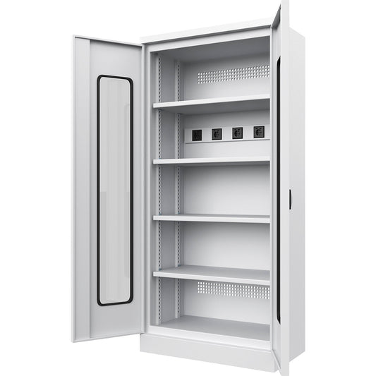 Battery charging cabinet, with vision panel doors, light grey.