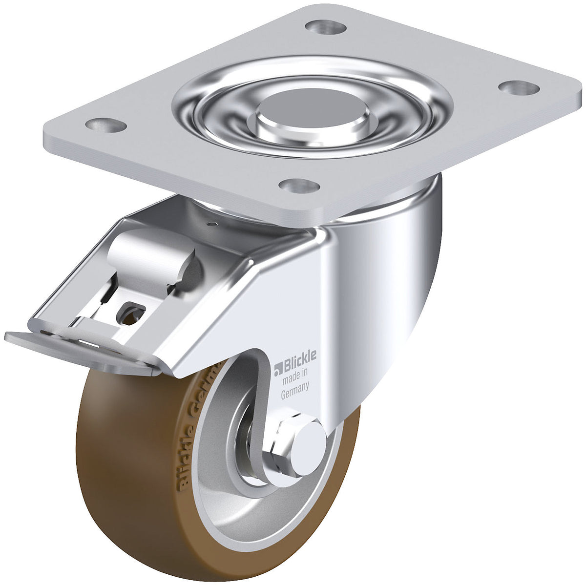 LH-ALB-FI sheet steel swivel castor, wheel Ø 100 mm, max. load 400 kg, plate dimensions 140 x 110 mm.