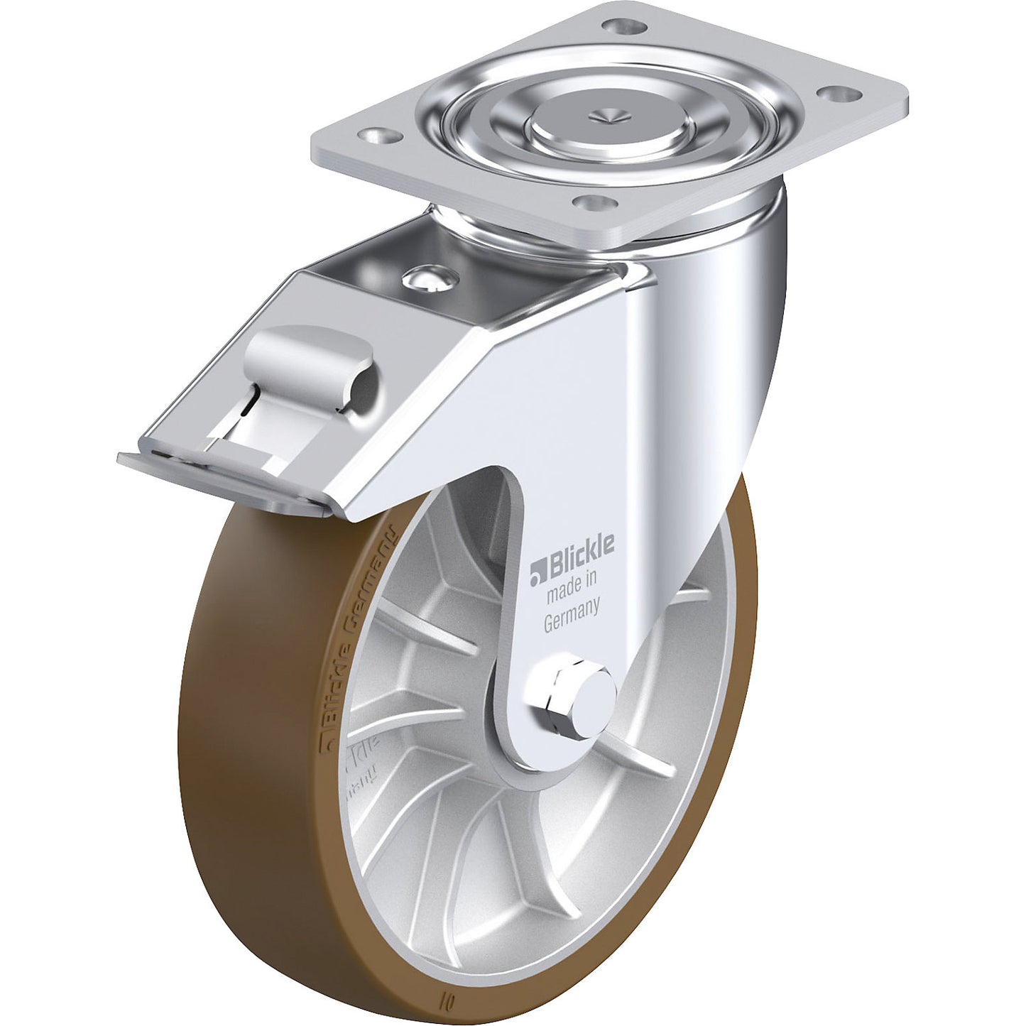 LH-ALB-FI sheet steel swivel castor, wheel Ø 200 mm, max. load 900 kg, plate dimensions 140 x 110 mm.