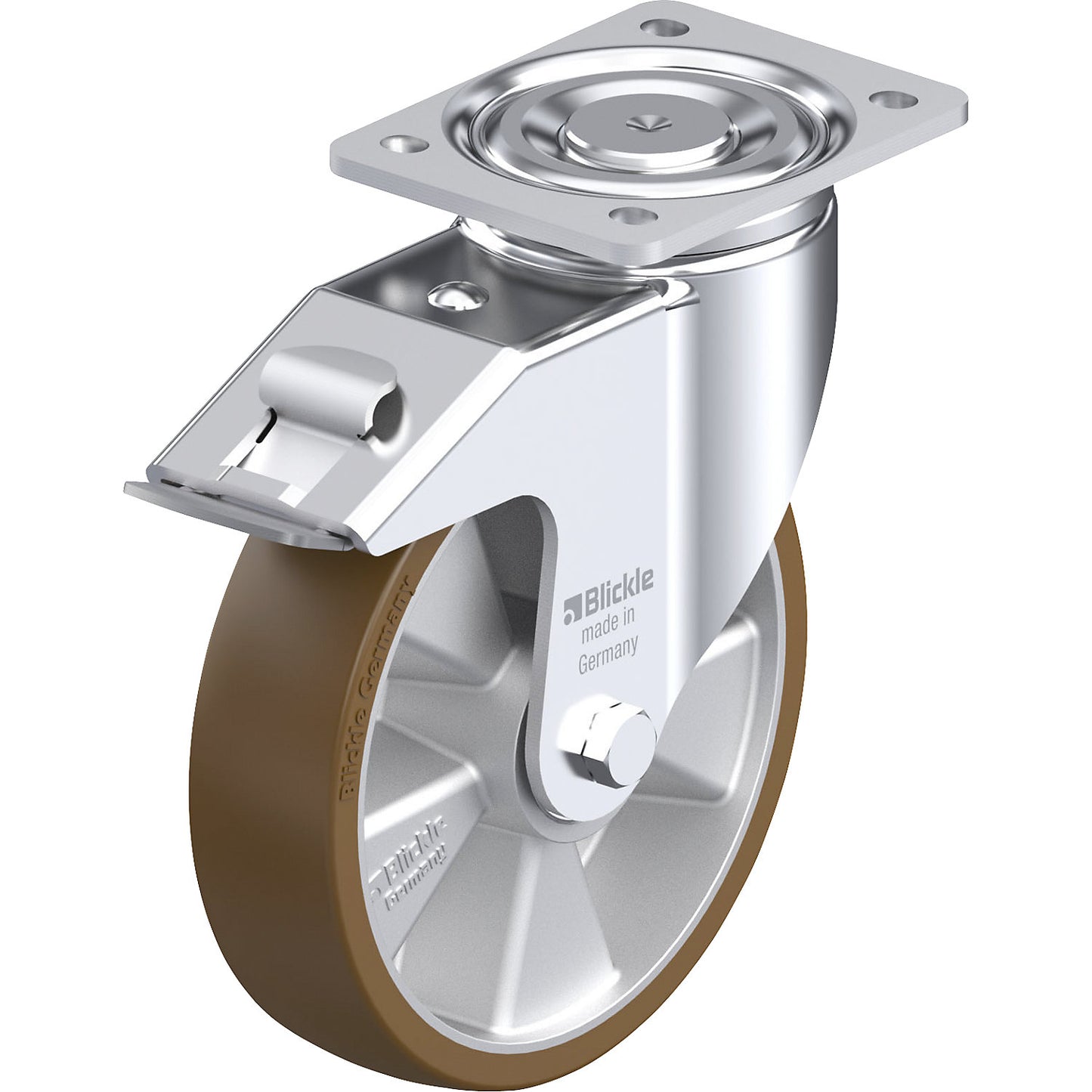 LH-ALB-FI sheet steel swivel castor, wheel Ø 200 mm, max. load 800 kg, plate dimensions 140 x 110 mm.