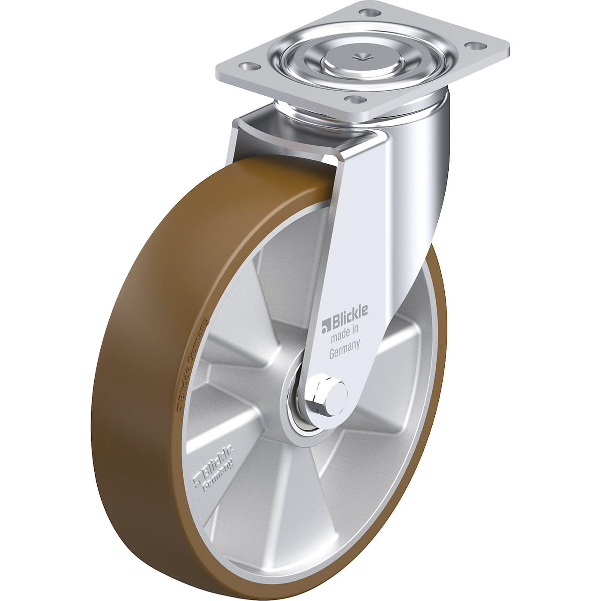 LH-ALB 250K sheet steel swivel castor, wheel Ø 250 mm, max. load 900 kg, plate dimensions 140 x 110 mm.