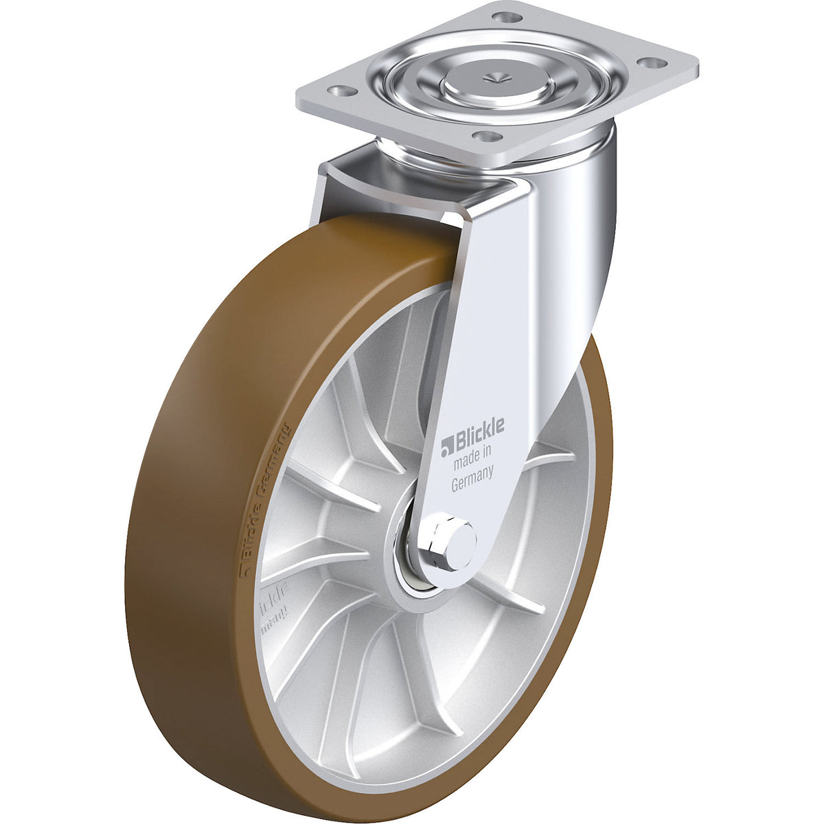LH-ALB sheet steel swivel castor, wheel Ø 250 mm, max. load 900 kg, plate dimensions 140 x 110 mm.