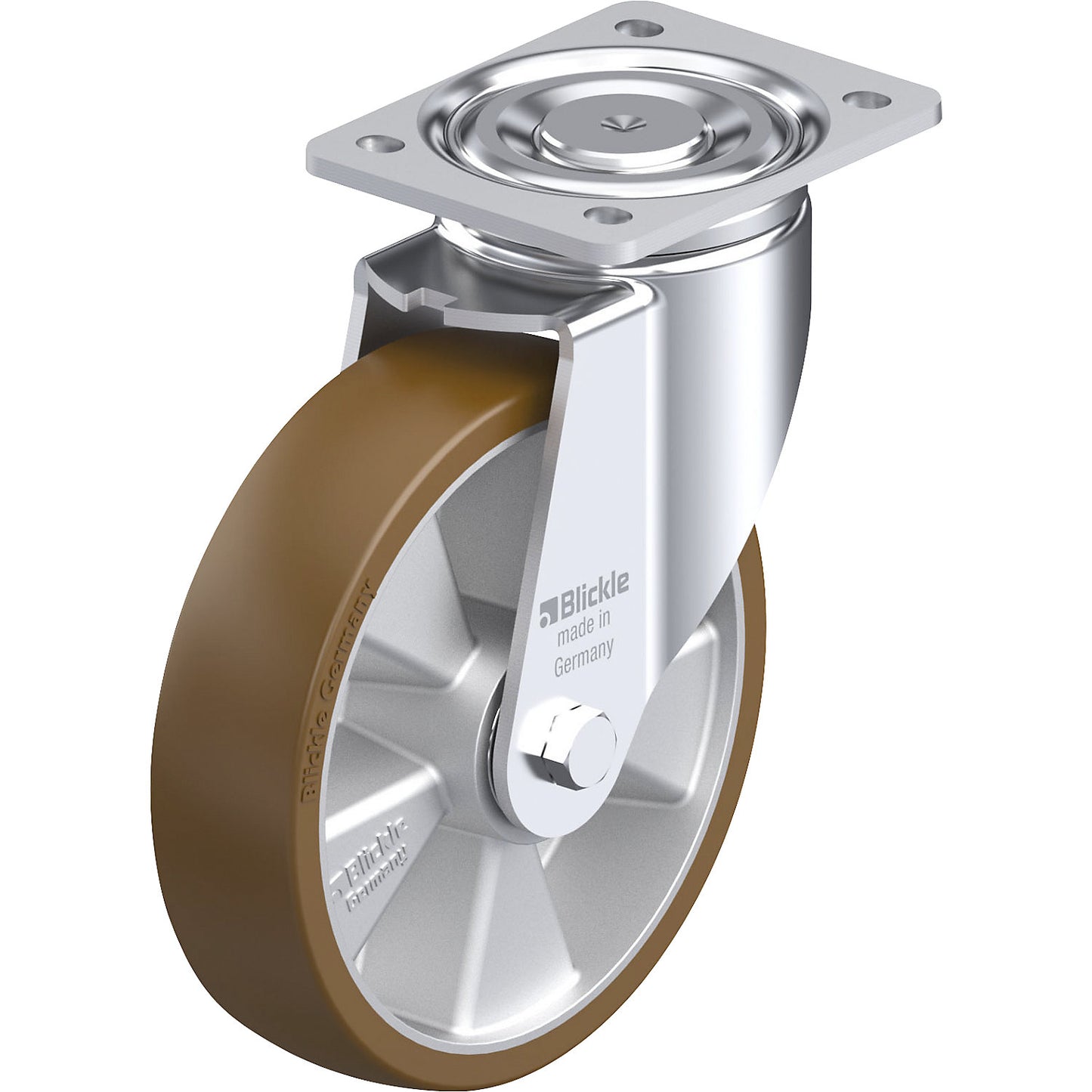 LH-ALB sheet steel swivel castor, wheel Ø 200 mm, max. load 800 kg, plate dimensions 140 x 110 mm.