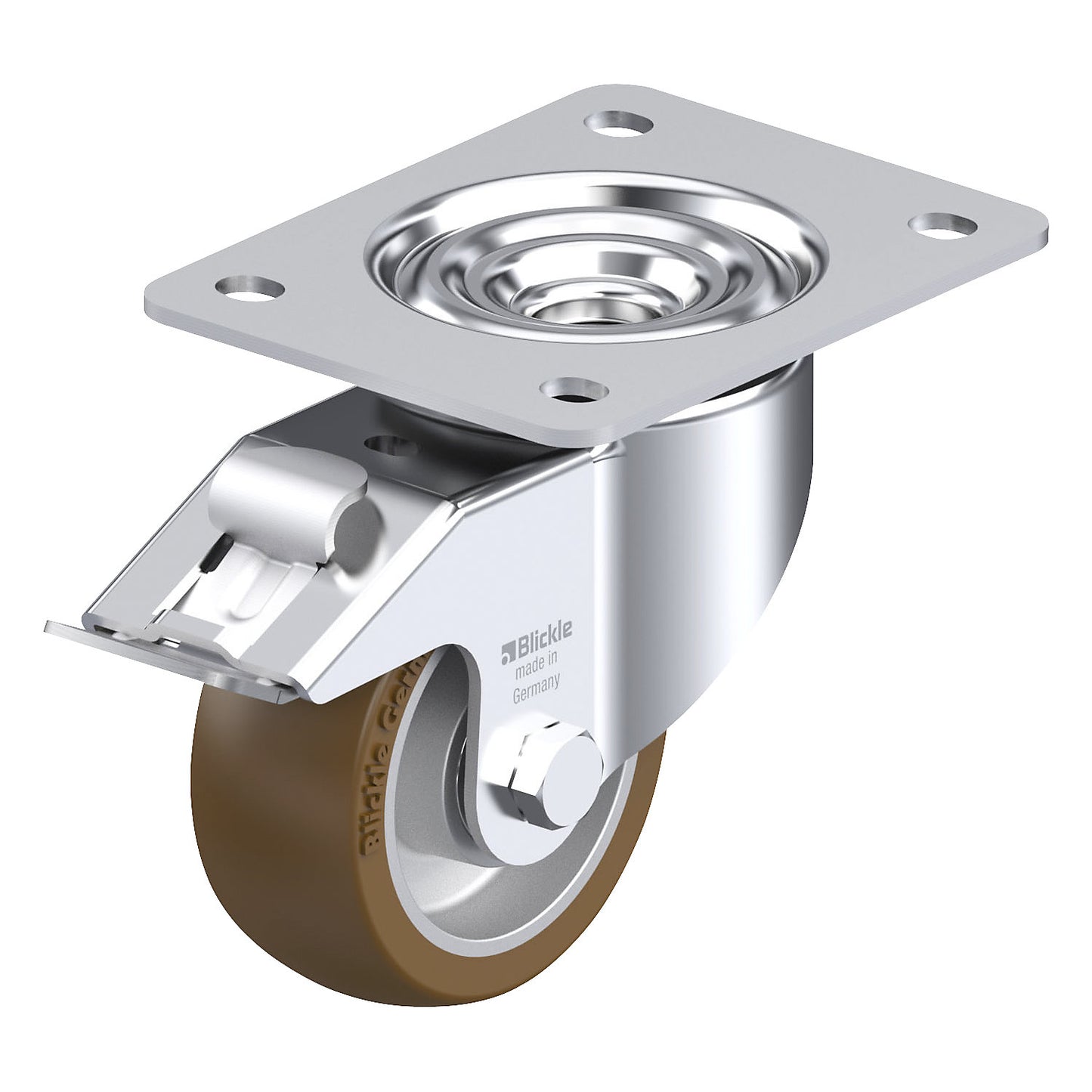 LK-ALB-FI sheet steel swivel castor, wheel Ø 100 mm, max. load 350 kg, plate dimensions 140 x 110 mm.