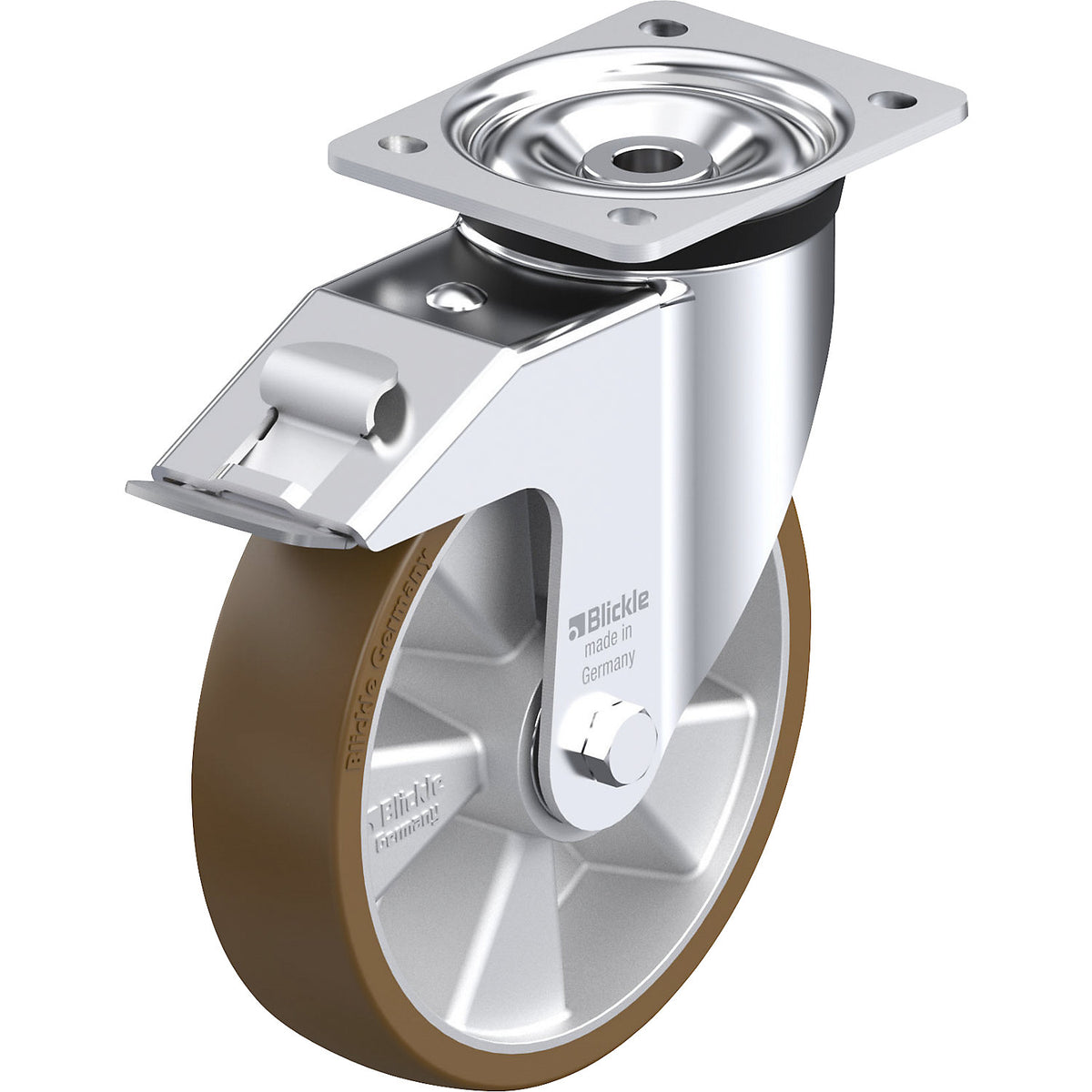 LK-ALB-FI sheet steel swivel castor, wheel Ø 200 mm, max. load 600 kg, plate dimensions 140 x 110 mm.