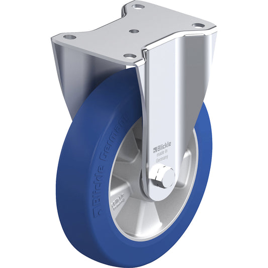BH-ALBS fixed sheet steel castor, wheel Ø 200 mm, max. load 750 kg, plate dimensions 140 x 110 mm.