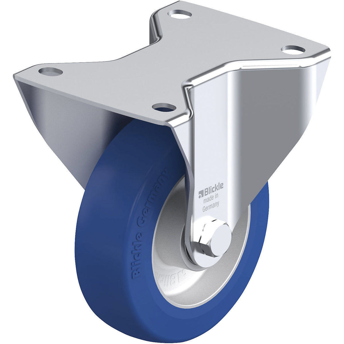 BK-ALBS fixed sheet steel castor, wheel Ø 125 mm, max. load 350 kg, plate dimensions 140 x 110 mm.