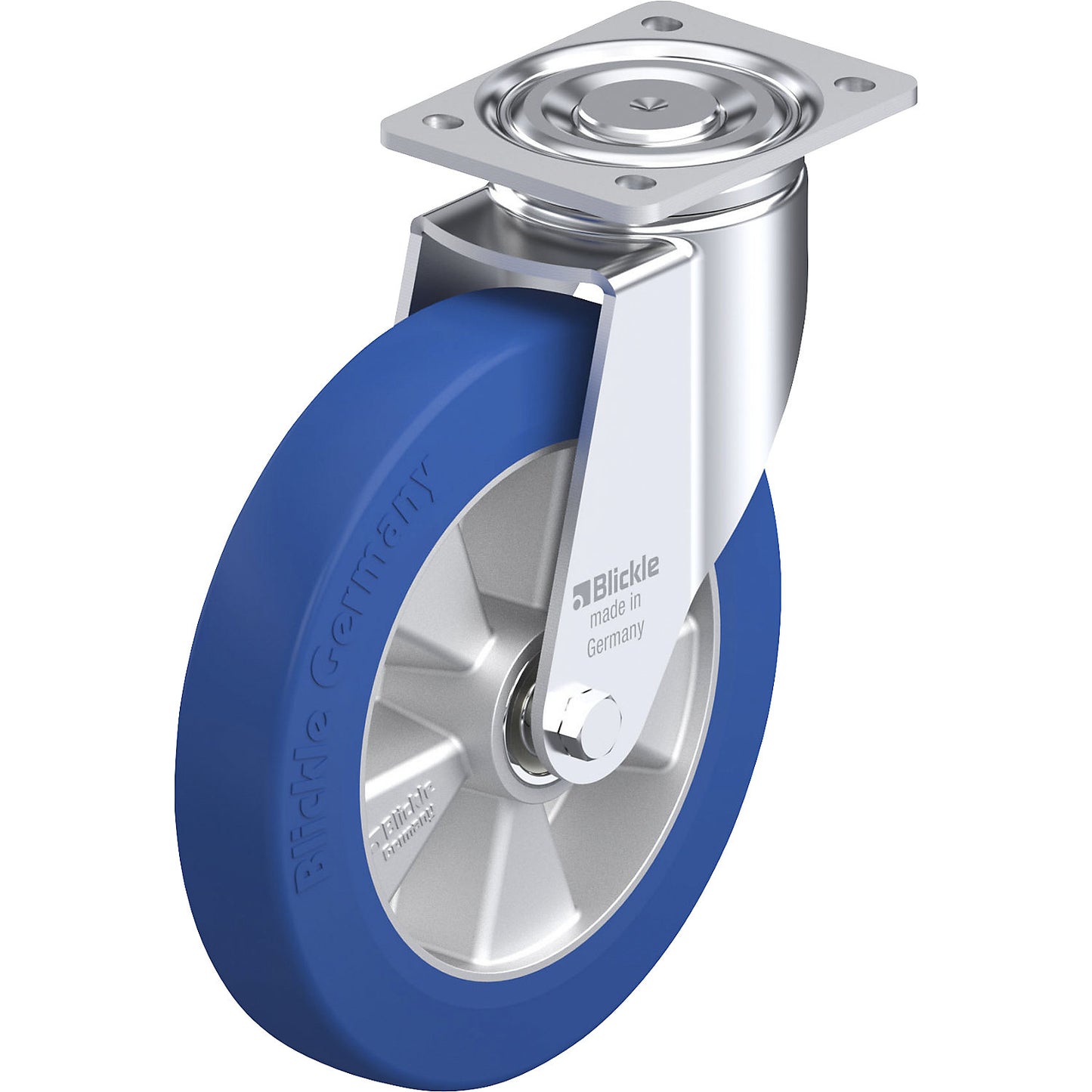 LH-ALBS sheet steel swivel castor, wheel Ø 250 mm, max. load 850 kg, plate dimensions 140 x 110 mm.