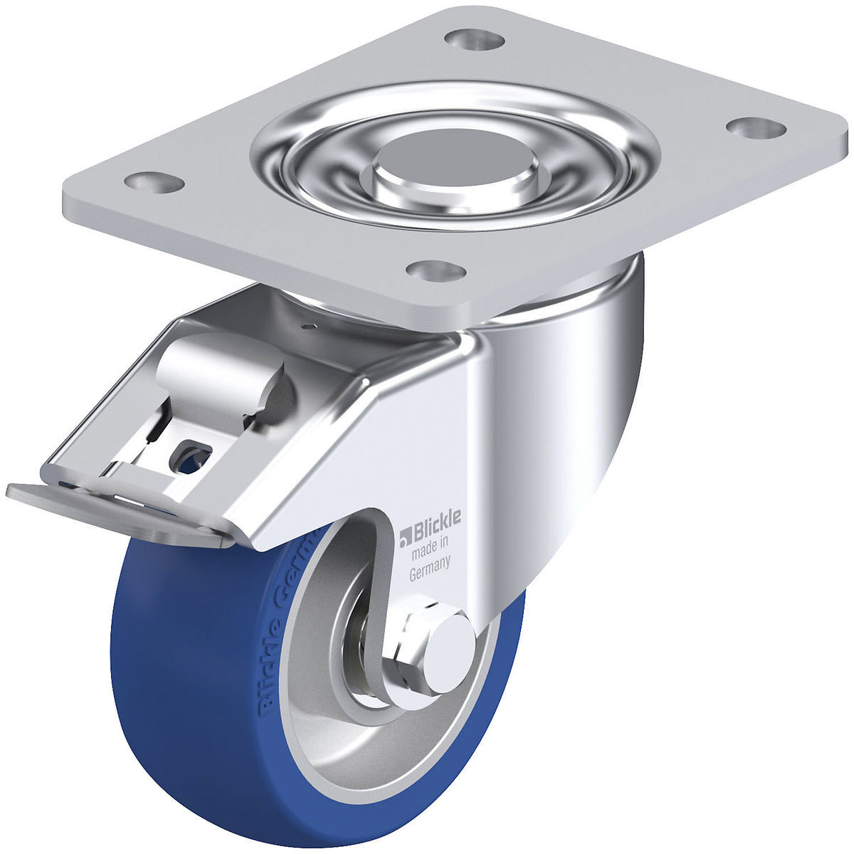 BK-ALBS-FI sheet steel swivel castor, wheel Ø 100 mm, max. load 320 kg, plate dimensions 140 x 110 mm.