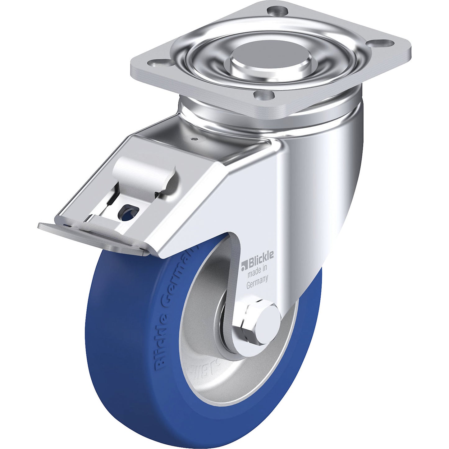 BK-ALBS-FI sheet steel swivel castor, wheel Ø 125 mm, max. load 370 kg, plate dimensions 100 x 85 mm.