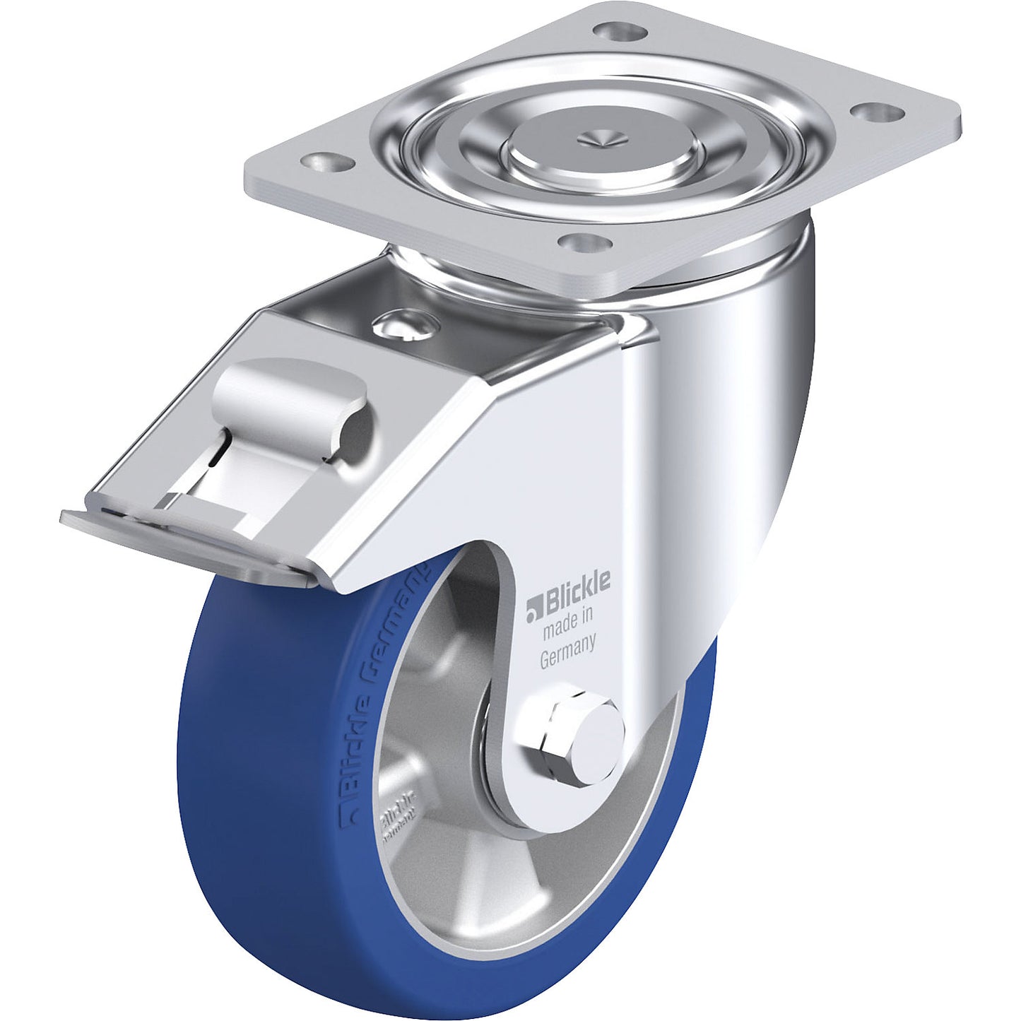 BK-ALBS-FI sheet steel swivel castor, wheel Ø 150 mm, max. load 500 kg, plate dimensions 140 x 110 mm.