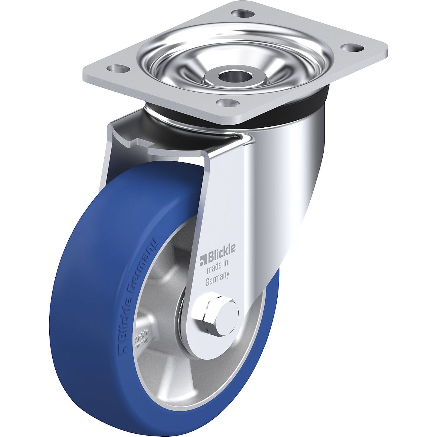 LK-ALBS sheet steel swivel castor, wheel Ø 150 mm, max. load 500 kg, plate dimensions 140 x 110 mm.