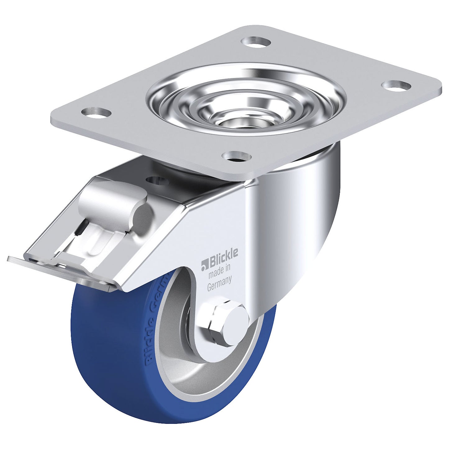 LK-ALBS-FI sheet steel swivel castor, wheel Ø 100 mm, max. load 320 kg, plate dimensions 140 x 110 mm.