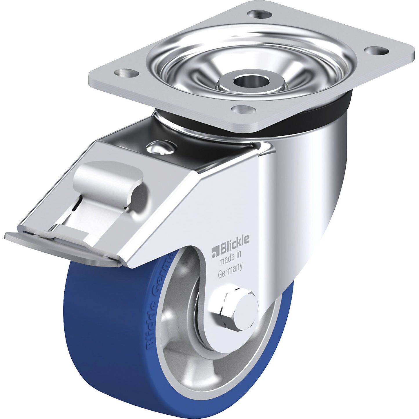 LK-ALBS-FI sheet steel swivel castor, wheel Ø 125 mm, max. load 450 kg, plate dimensions 140 x 110 mm.