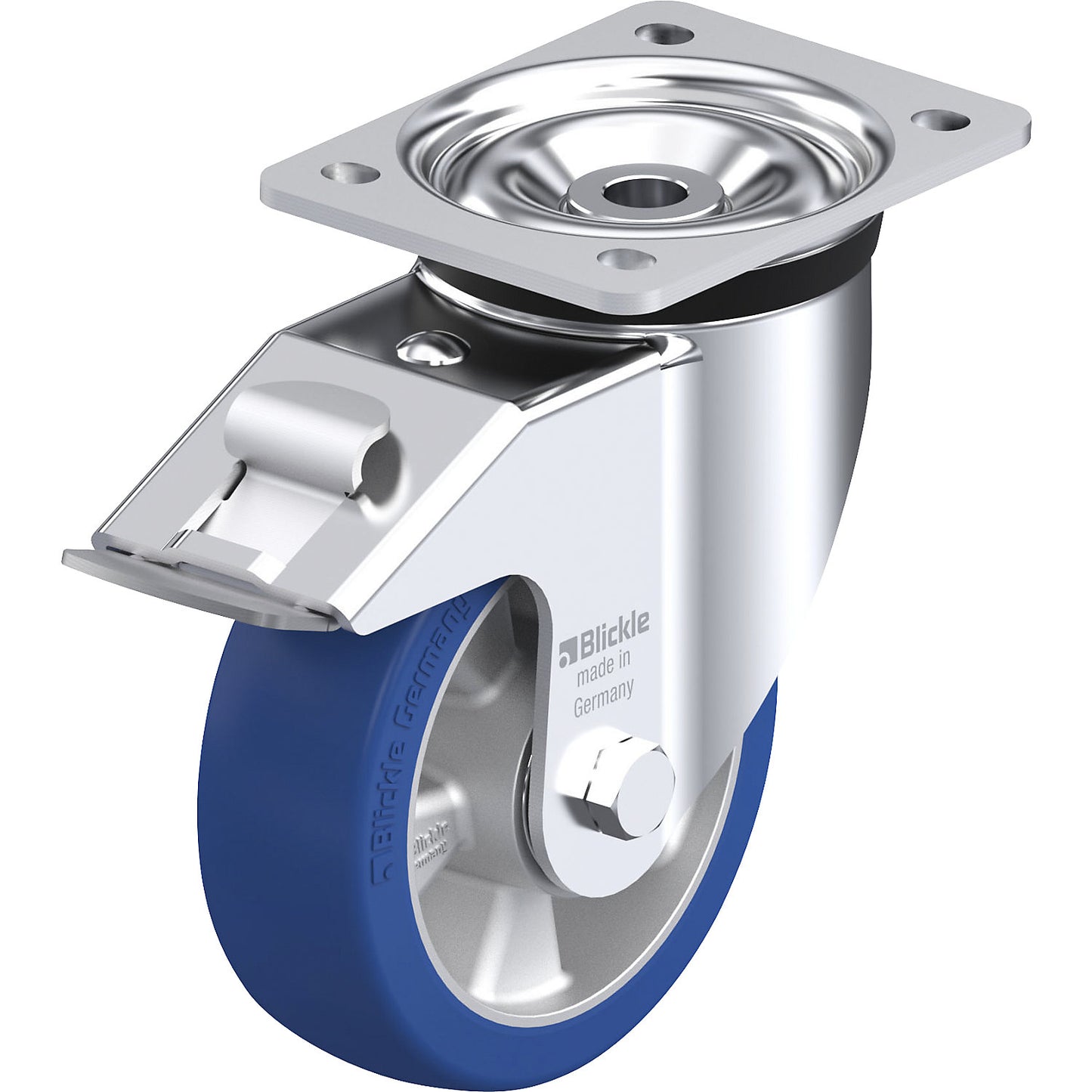 LK-ALBS-FI sheet steel swivel castor, wheel Ø 150 mm, max. load 500 kg, plate dimensions 140 x 110 mm.