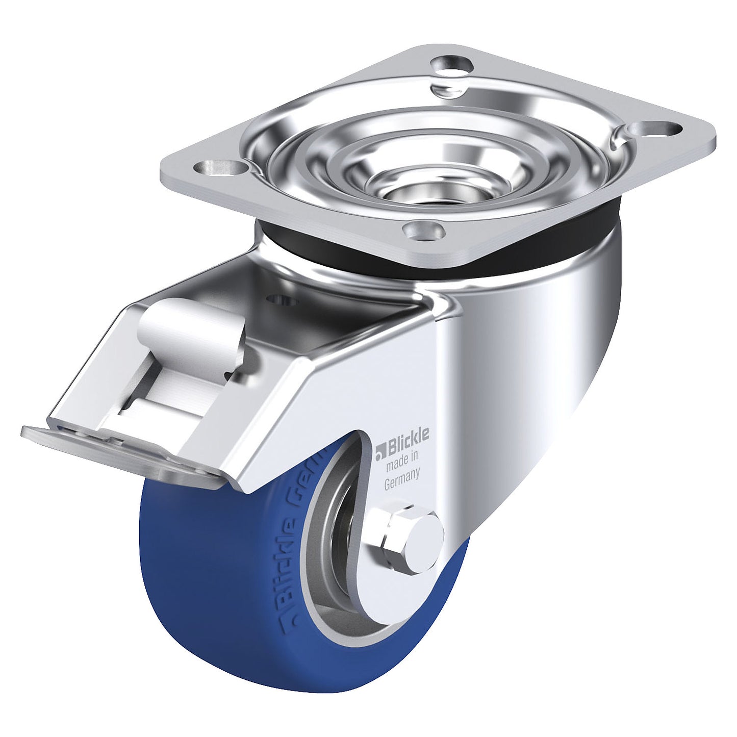 LK-ALBS-FI sheet steel swivel castor, wheel Ø 80 mm, max. load 230 kg, plate dimensions 100 x 85 mm.