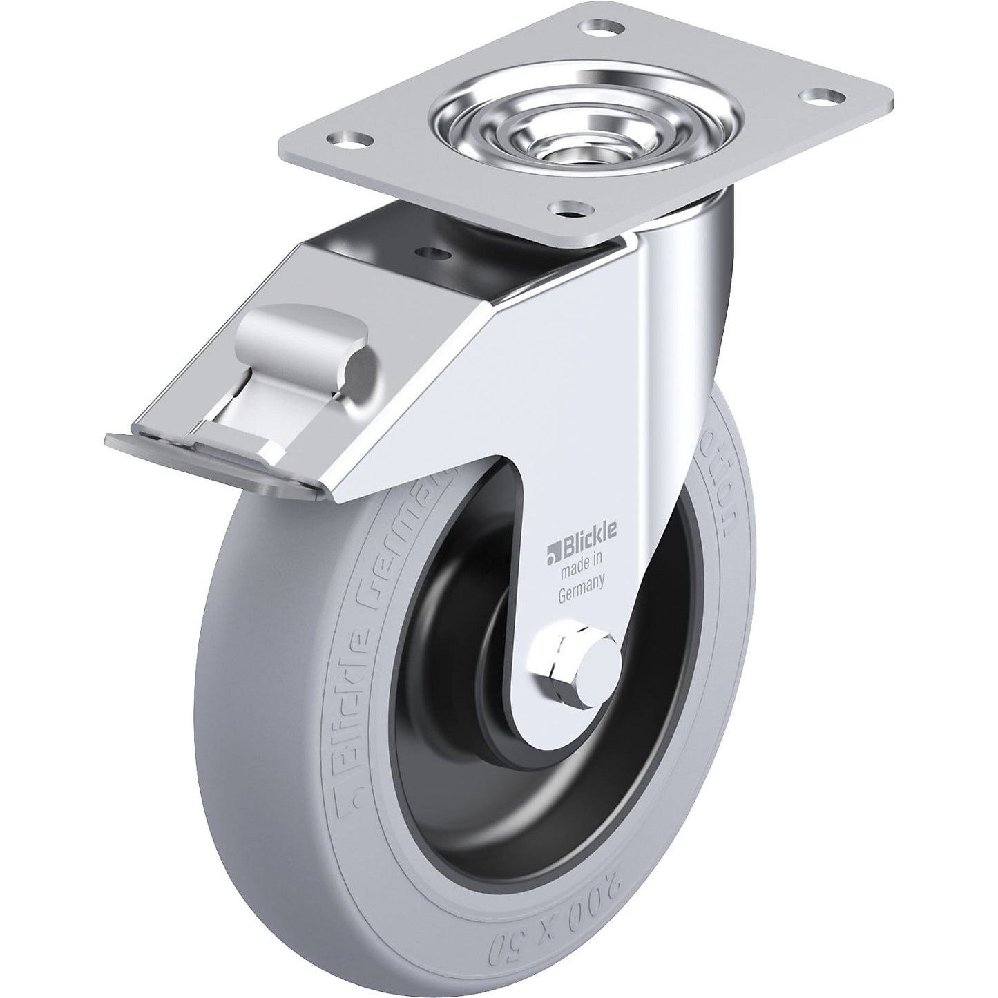 LE-POES-FI-SG sheet steel swivel castor, wheel Ø 200 mm, max. load 300 kg, plate dimensions 140 x 110 mm.