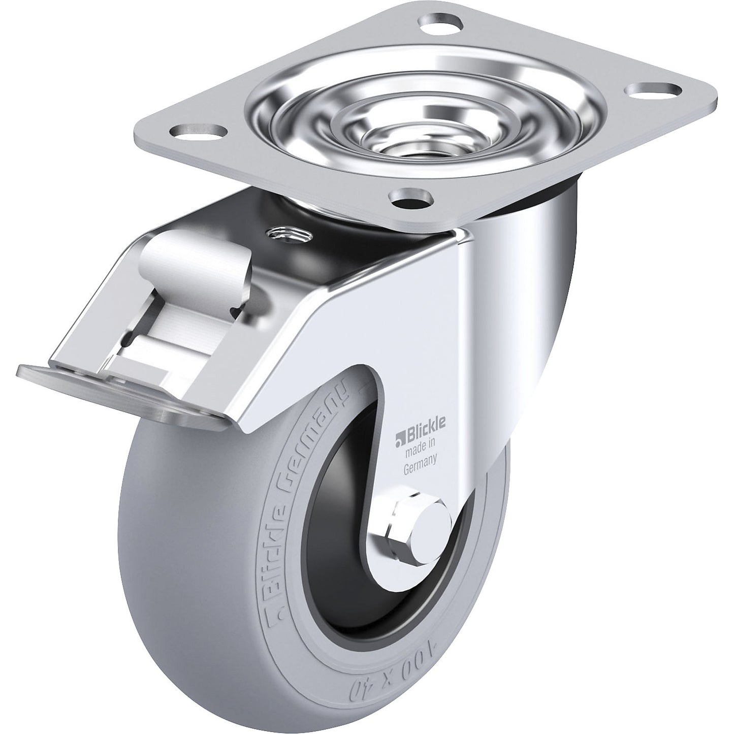 LE-POES-FI-SG sheet steel swivel castor, wheel Ø 100 mm, max. load 150 kg, plate dimensions 100 x 85 mm.