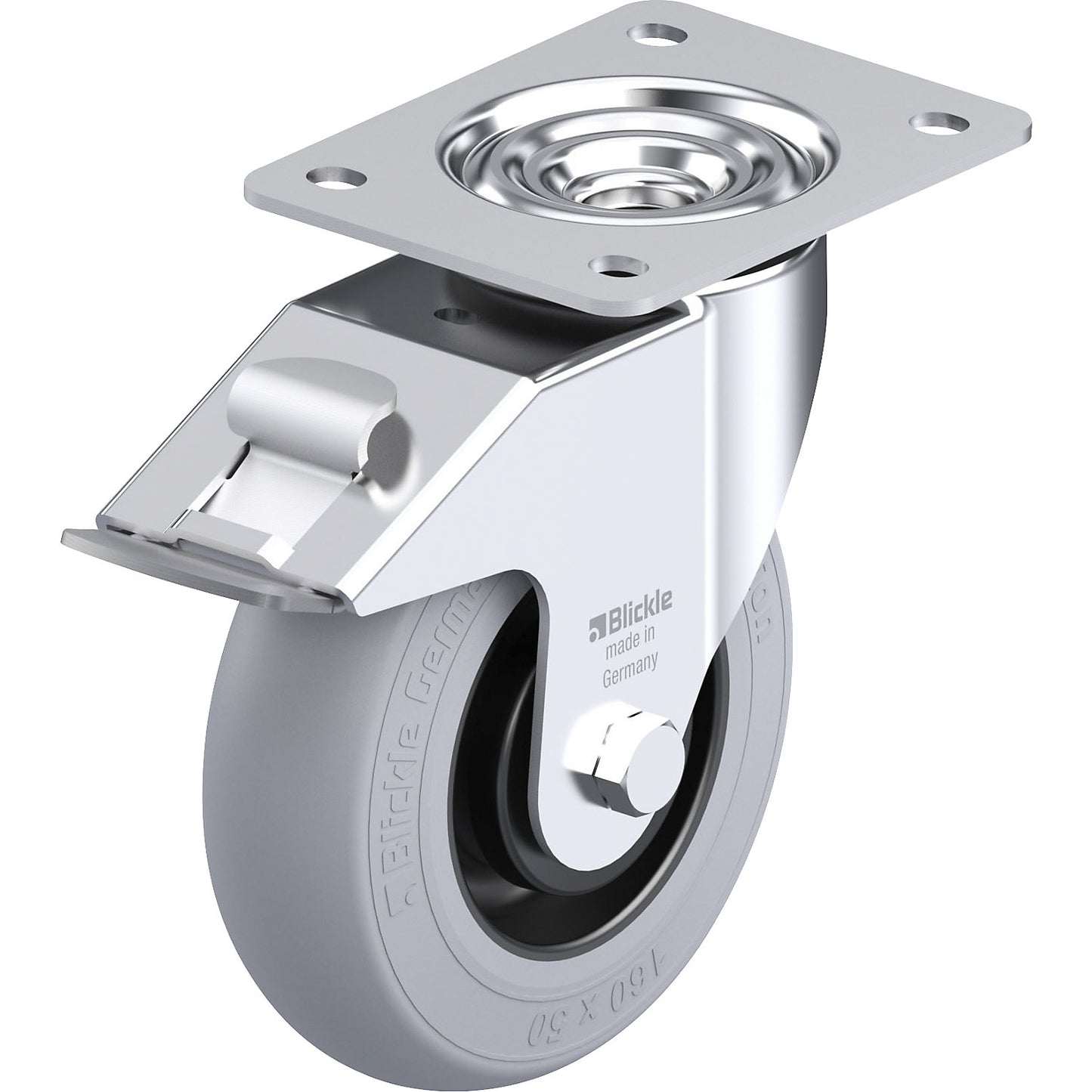 LE-POES-FI-SG sheet steel swivel castor, wheel Ø 160 mm, max. load 300 kg, plate dimensions 140 x 110 mm.