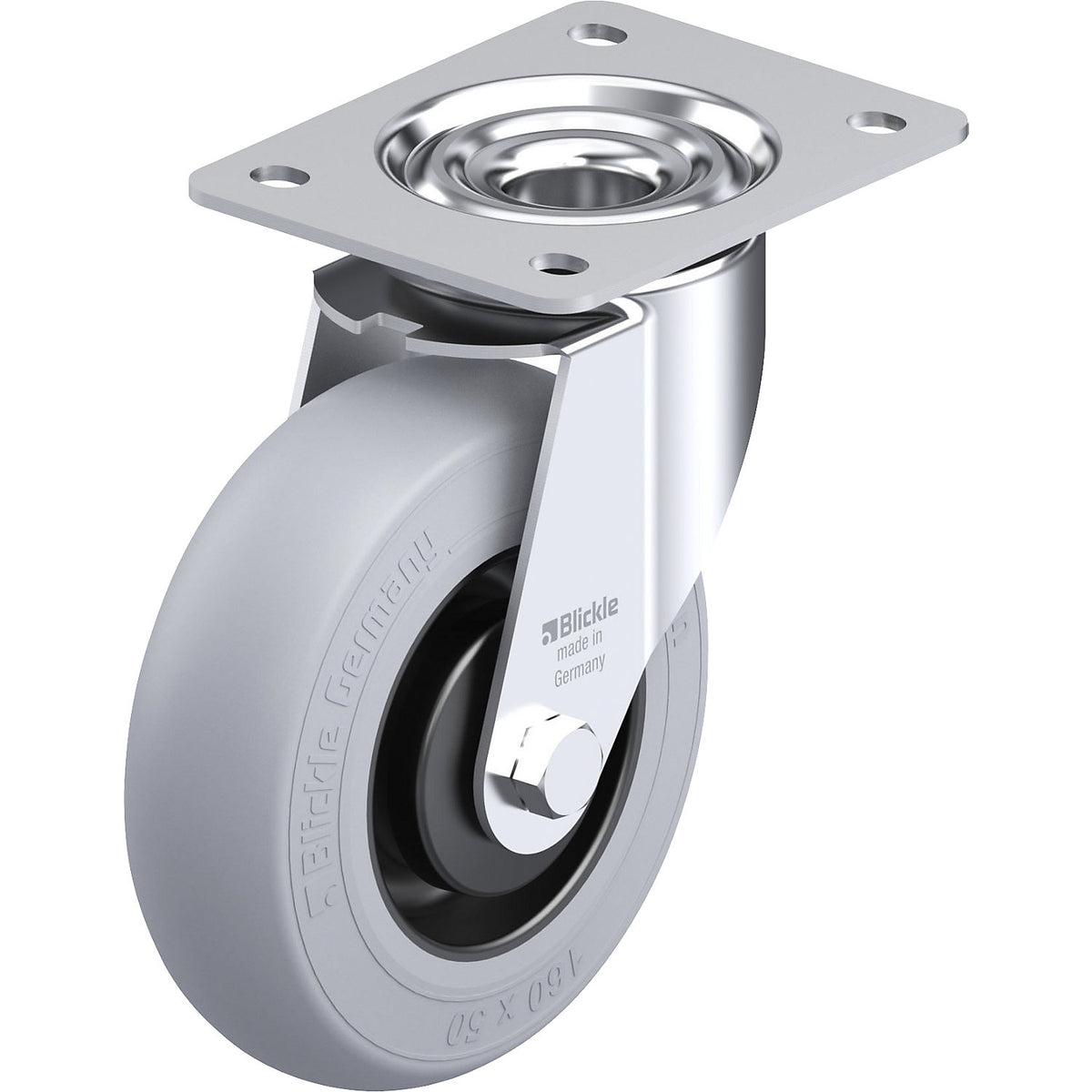 LE-POES-SG sheet steel swivel castor, wheel Ø 160 mm, max. load 300 kg, plate dimensions 140 x 110 mm.