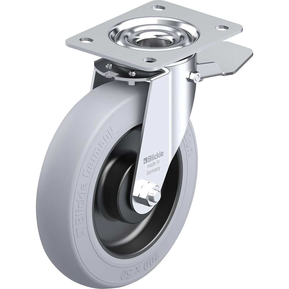 LE-POES-ST-SG sheet steel swivel castor, wheel Ø 200 mm, max. load 300 kg, plate dimensions 140 x 110 mm.