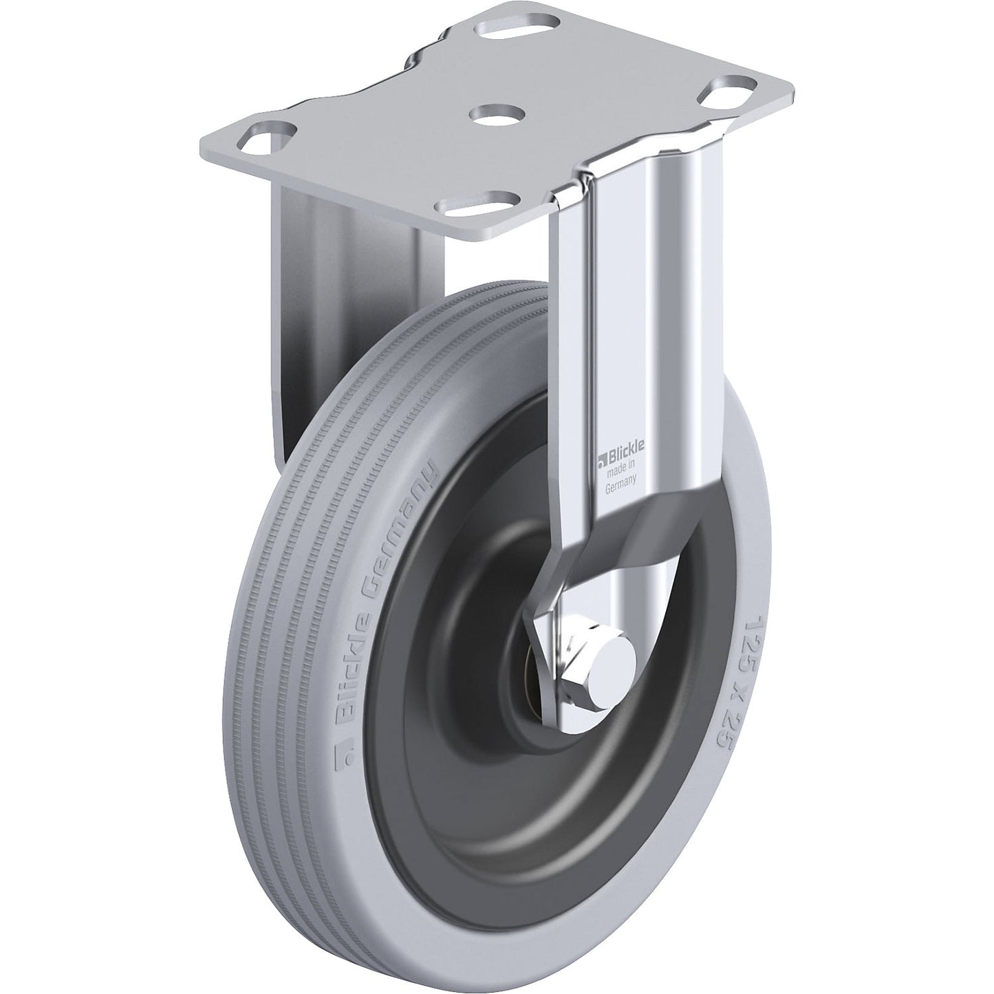 BKPA-VPA light duty fixed castor, plate dimensions 90 x 66 mm, wheel Ø 125 mm, max. load 100 kg.