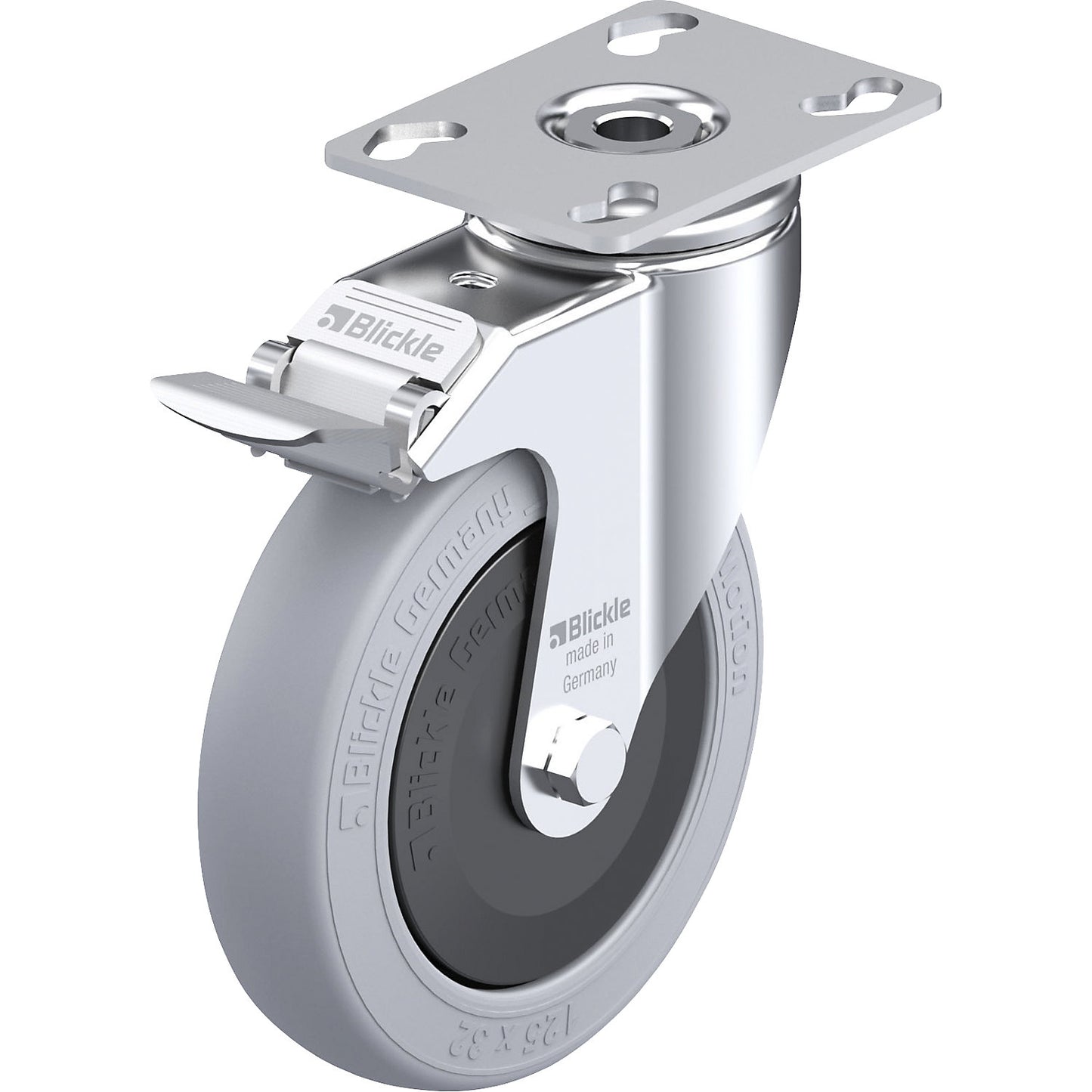 LKPA-POES-FI-SG light duty swivel castor, max. load 120 kg, wheel Ø 125 mm, overall height 161 mm.