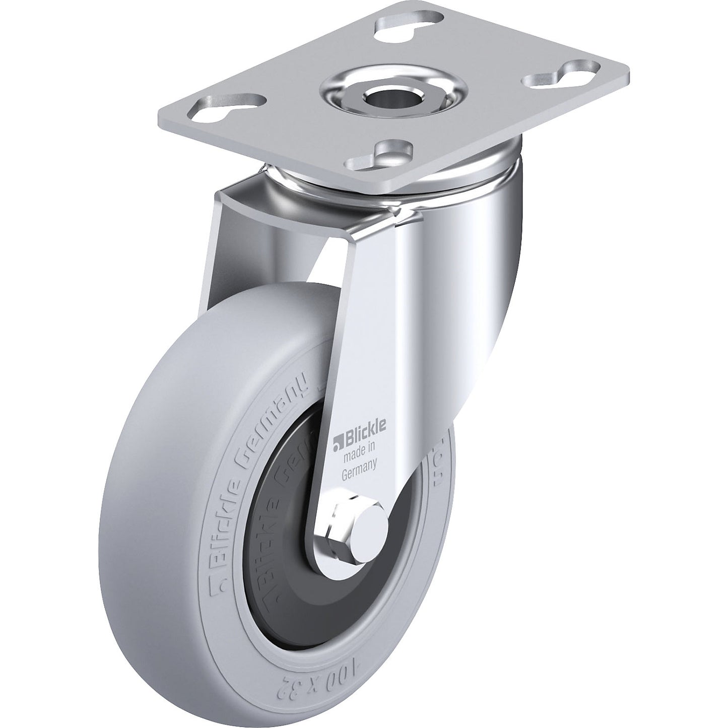 LKPA-POES-KF-SG light duty swivel castor, max. load 120 kg, wheel Ø 100 mm, overall height 136 mm.