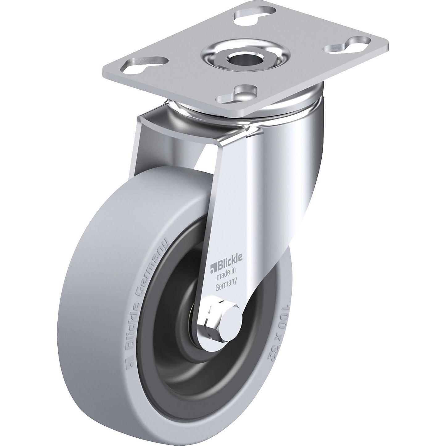 LKPA-VPA light duty swivel castor, plate dimensions 90 x 66 mm, wheel Ø 100 mm, max. load 110 kg.