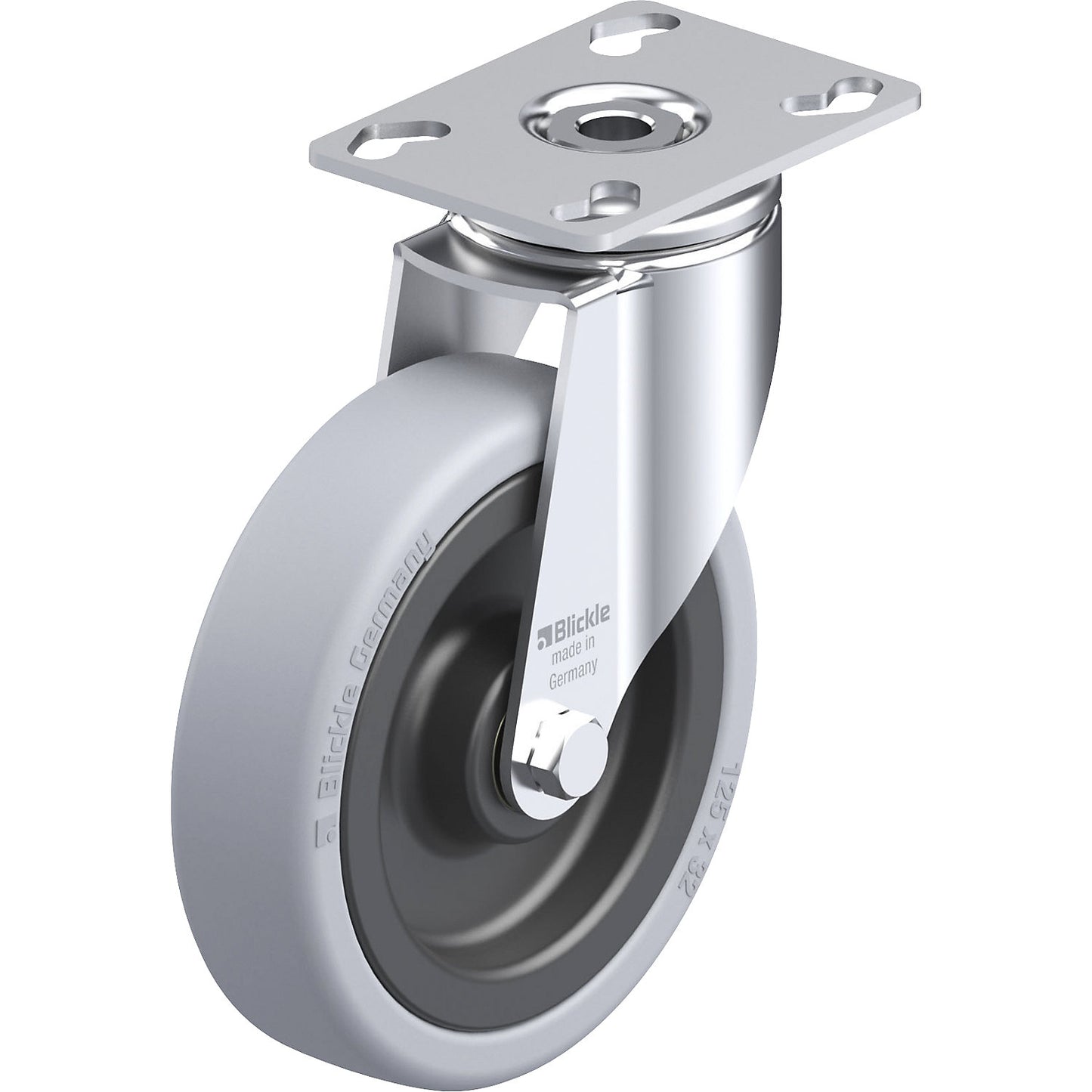 LKPA-VPA light duty swivel castor, plate dimensions 90 x 66 mm, wheel Ø 125 mm, max. load 120 kg.