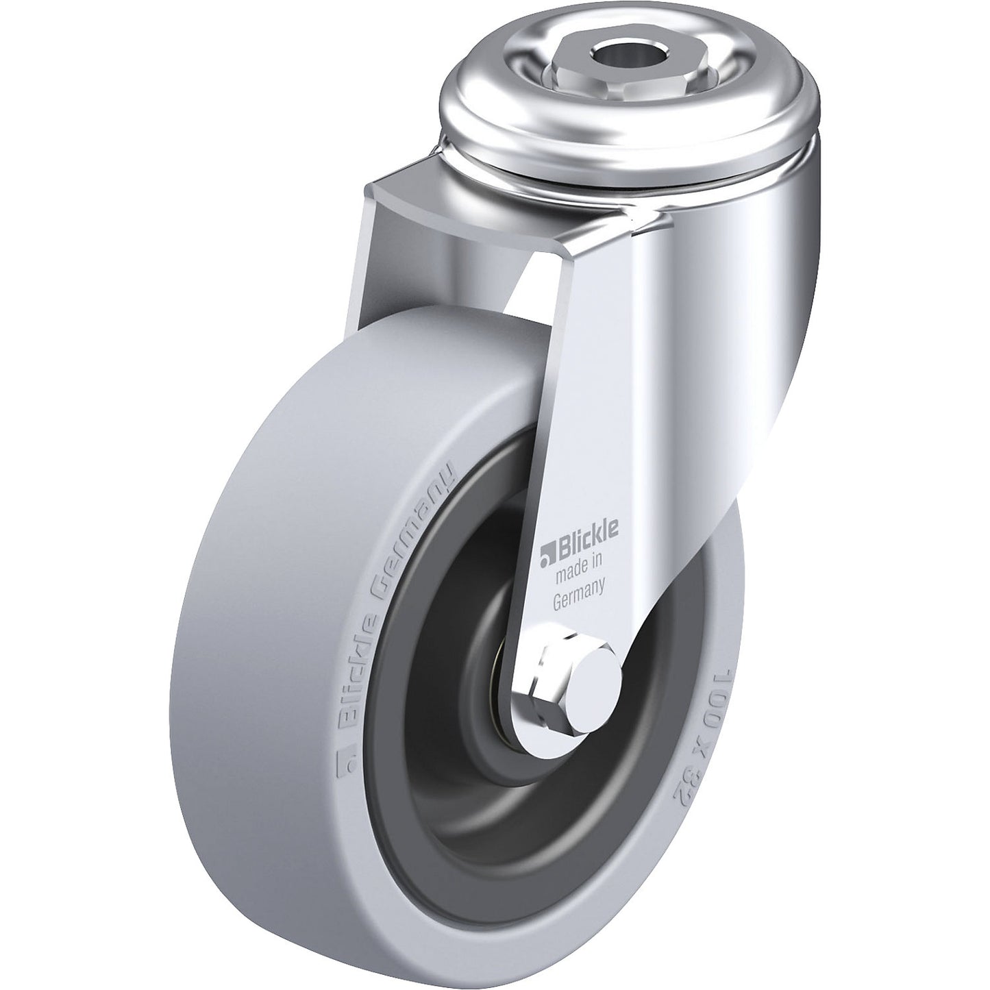 LKRA-VPA light duty swivel castor, plate dimensions 57 mm, wheel Ø 100 mm, max. load 110 kg.