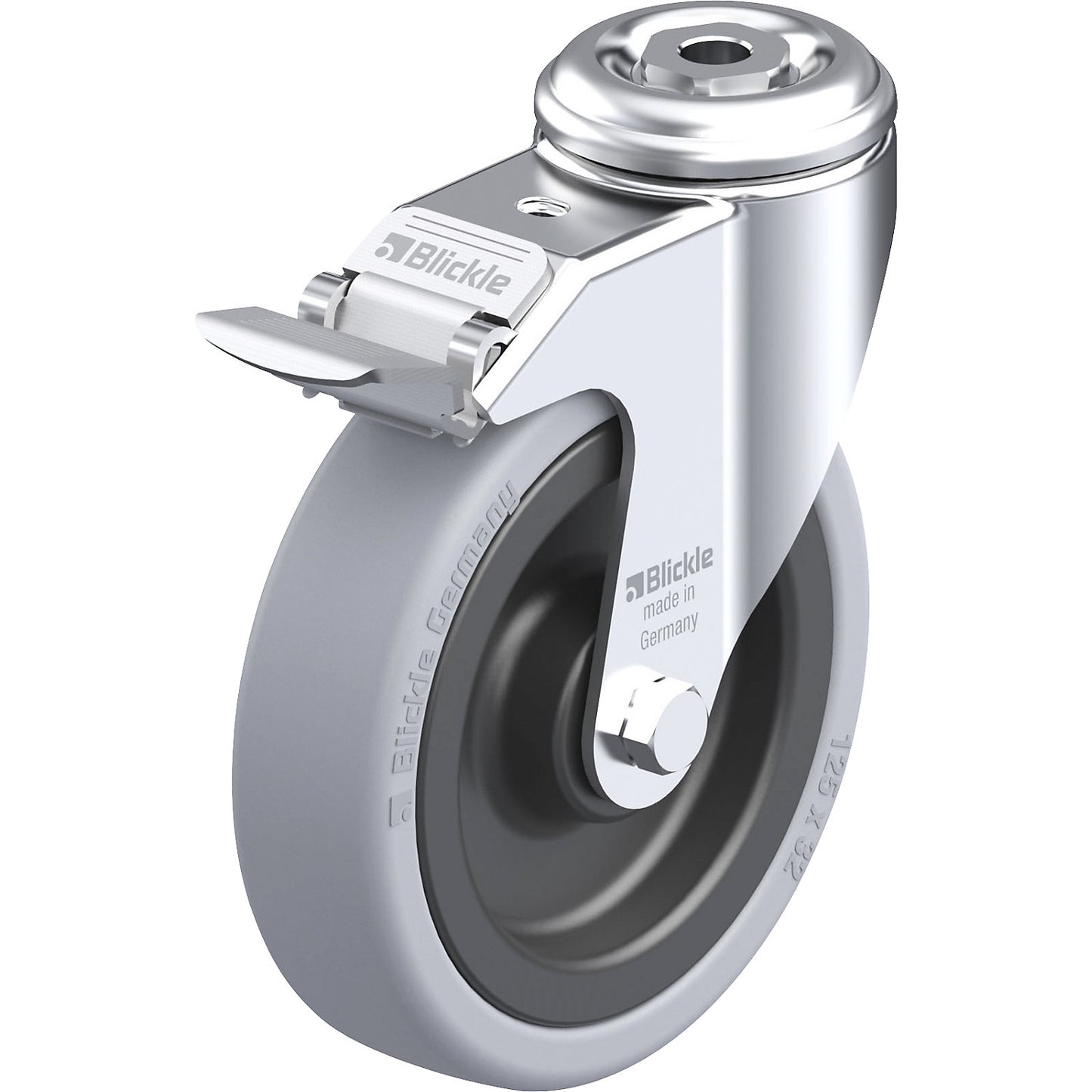 LKRA-VPA-FI light duty swivel castor, plate dimensions 57 mm, wheel Ø 125 mm, max. load 120 kg.