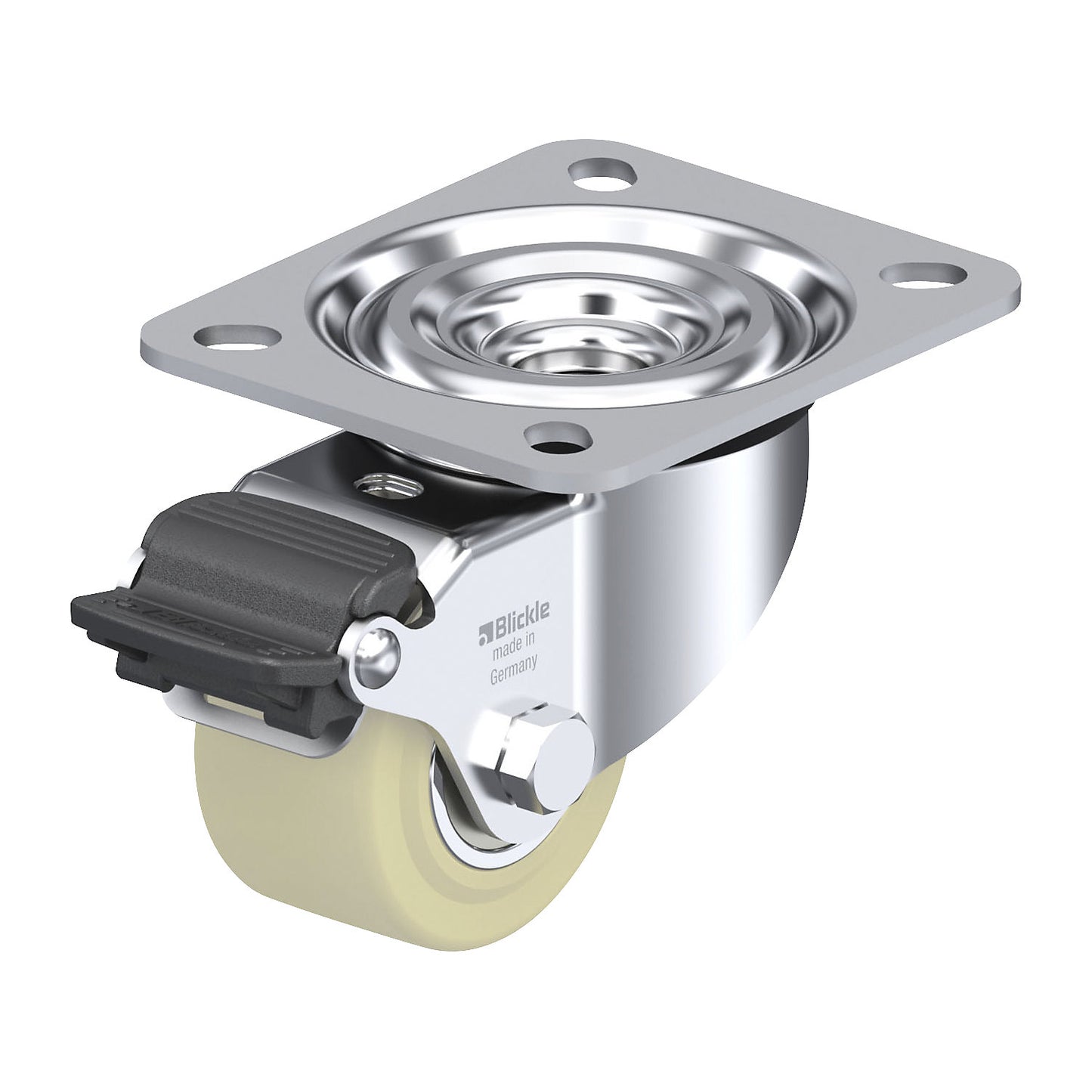 L-GSPO 60K sheet steel swivel castor, wheel Ø 60 mm, max. load 250 kg, swivel castor with wheel stop.