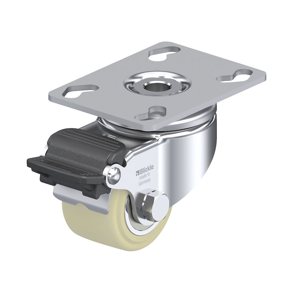 LKPA-GSPO 50K light duty swivel castor, wheel Ø 50 mm, max. load 150 kg, swivel castor with wheel stop.