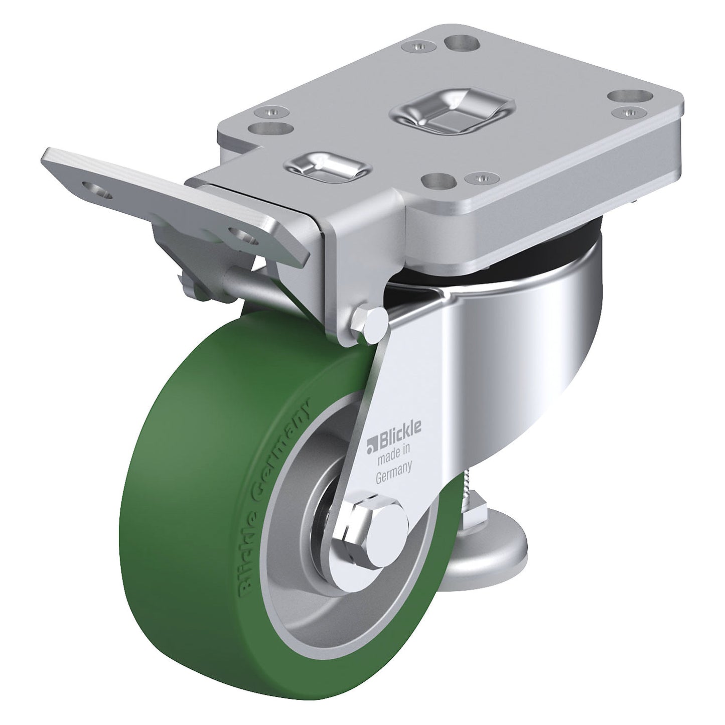 HRLK-ALST levelling castor, plate dimensions 100 x 85 mm, wheel Ø 100 mm, max. load 230 kg.