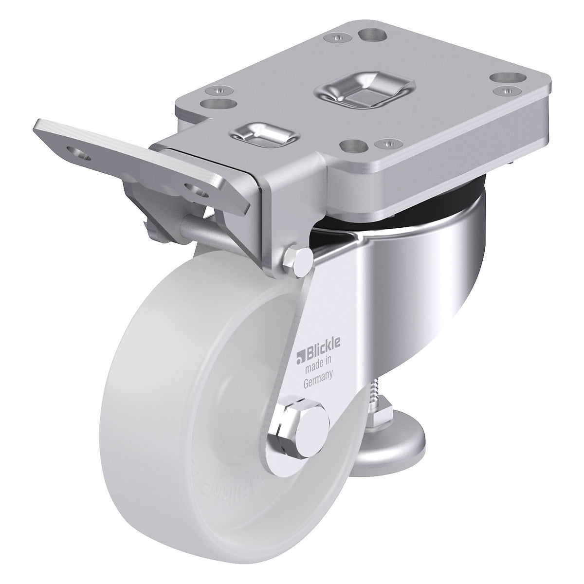 HRLK-PO levelling castor, plate dimensions 100 x 85 mm, wheel Ø 100 mm, max. load 230 kg.